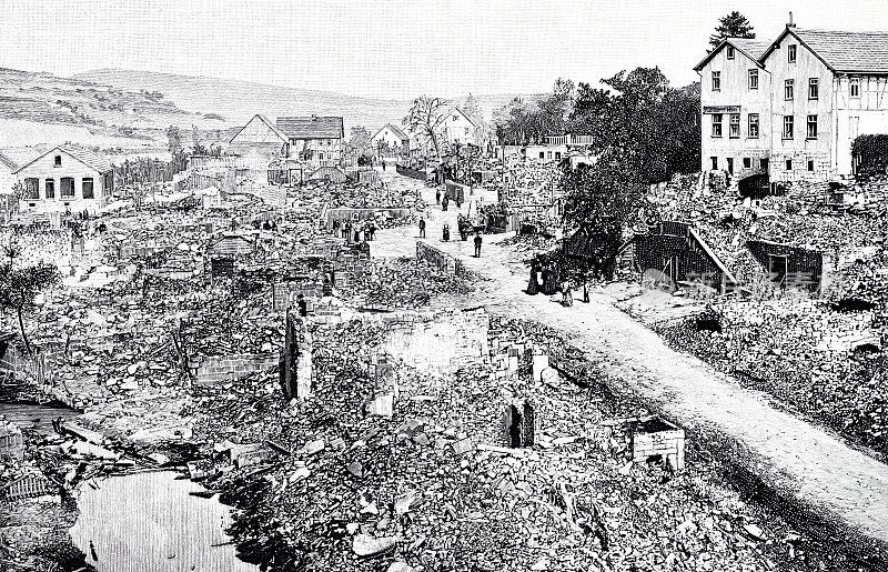 大火后的破坏，Bad Salzschlirf，德国，黑森